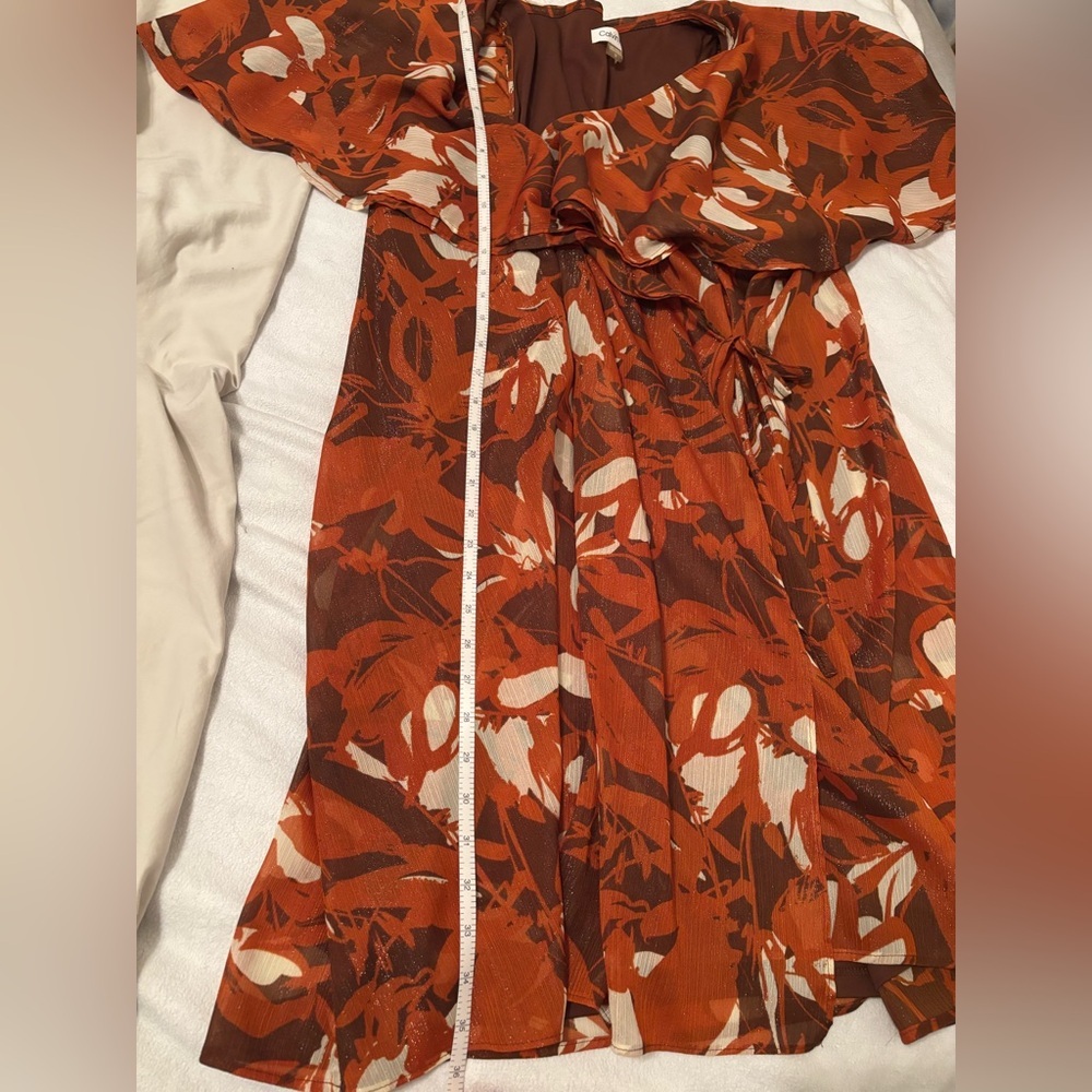 CALVIN KLEIN Flutter Sleeve Wrap Dress 'Earth Multi' Orange Rust Autumn Sz 16 - Picture 11 of 13